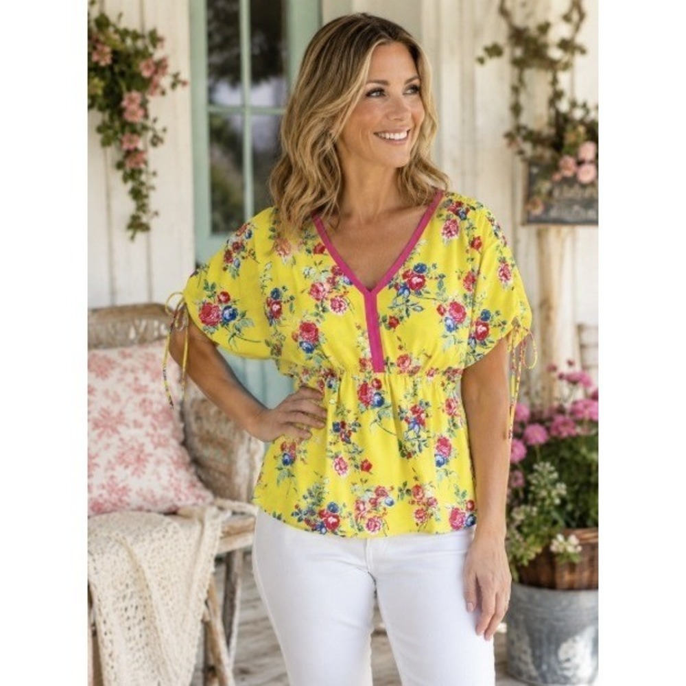 The Pioneer Woman Floral Peplum Top Large Yellow V-Neck Boho Drawstring Blouse